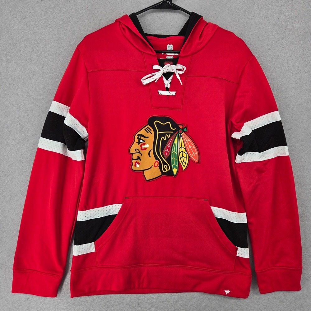 Fanatics Mens Medium Chicago Blackhawks NHL Lace Up Hoodie Red Sporty Striped